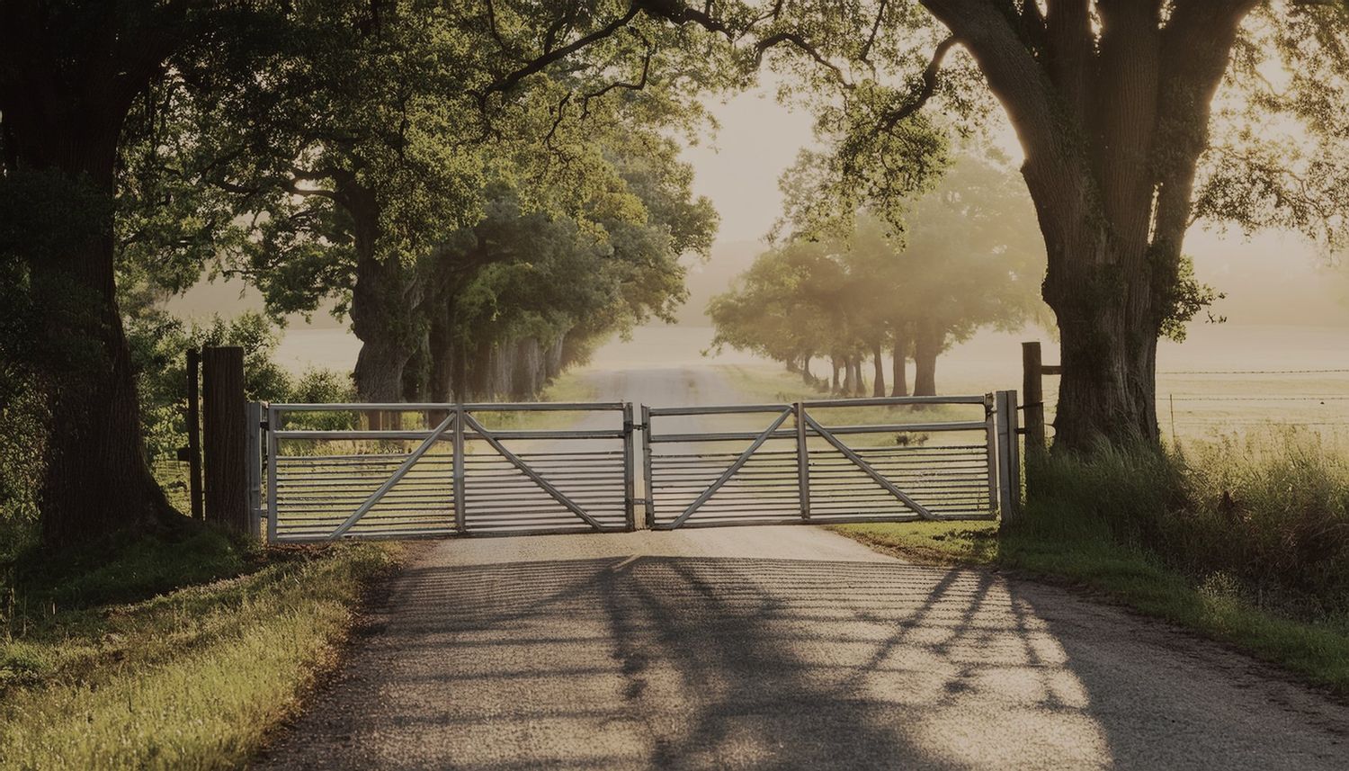 Sunrise through the trees at a gated Hampshire driveway.
